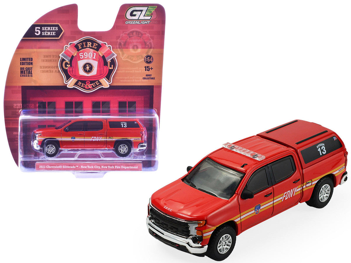 2023 Chevrolet Silverado Pickup Truck with Camper Shell "FDNY (New York City Fire Department)" Red with Stripes "Fire & Rescue" Series #5 1/64 Diecast Model Car by Greenlight Greenlight