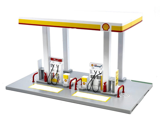 Shell Gas Station Playset with Volvo Oil Tanker and Volvo Tow Truck Diorama Set