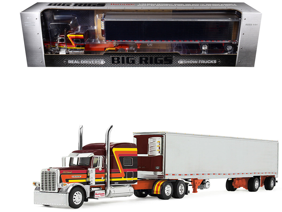 Peterbilt 389 Pride-N-Class with 70" Mid-Roof Sleeper and 53' Utility Trailer with Reefer "Hurricane Express" Brown with Stripes "Big Rigs" Series II #4 1/64 Diecast Model by DCP/First Gear First Gear