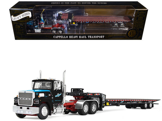Ford LTL 9000 Day Cab and Landoll 440B-50CA Traveling Axle Trailer "Cappello Heavy Transport" Black with Blue Hood "Legacy" Series #3 1/64 Diecast Model by DCP/First Gear First Gear