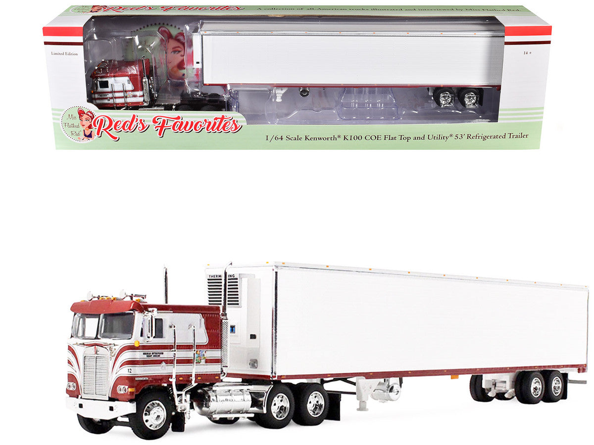 Kenworth K100 COE Flat Top and 53' Utility Trailer with Reefer "Red's Favorites - Jim Skrinar" Red with White Stripes 1/64 Diecast Model by DCP/First Gear First Gear