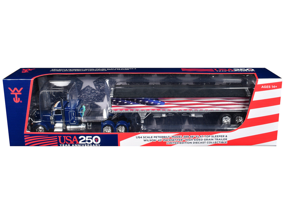 Peterbilt 389 with 48" Flat Top Sleeper and 43' Wilson Pacesetter High Side Grain Trailer "Wilson USA 250" Blue 1/64 Diecast Model by DCP/First Gear First Gear