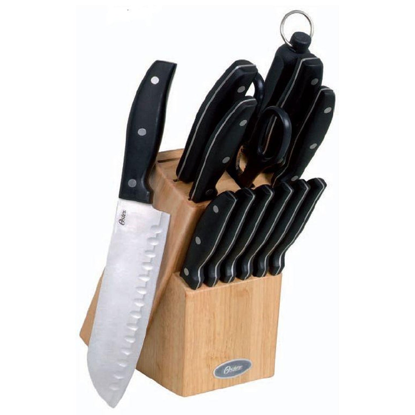 Oster Granger 14 Piece Stainless Steel Cutlery Set with Black Handles and Wooden Block W2B