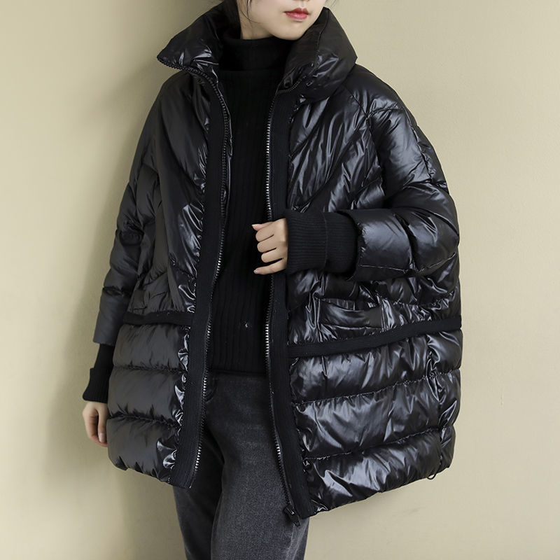 White Duck Down Artistic Stand-up Collar O-type Plus Size Women's Down Jacket Wool Stitching Design Style Accent Plus