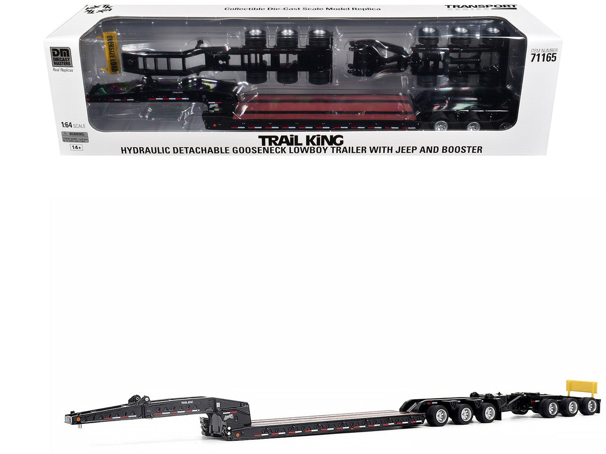 Trail King TK170 Hydraulic Detachable Gooseneck Lowboy Trailer Black with Jeep and Booster "Transport Series" 1/64 Diecast Model by Diecast Masters Diecast Masters