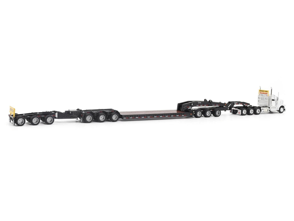 Peterbilt 589 Tridem-Axle Truck Tractor with Day Cab and Trail King TK170 Hydraulic Detachable Gooseneck Lowboy Trailer with Jeep and Booster White "Transport Series" 1/64 Diecast Model by Diecast Masters Diecast Masters