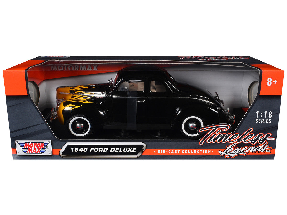 1940 Ford Deluxe Black with Yellow Flames "Timeless Classics" 1/18 Diecast Model Car by Motormax Motormax