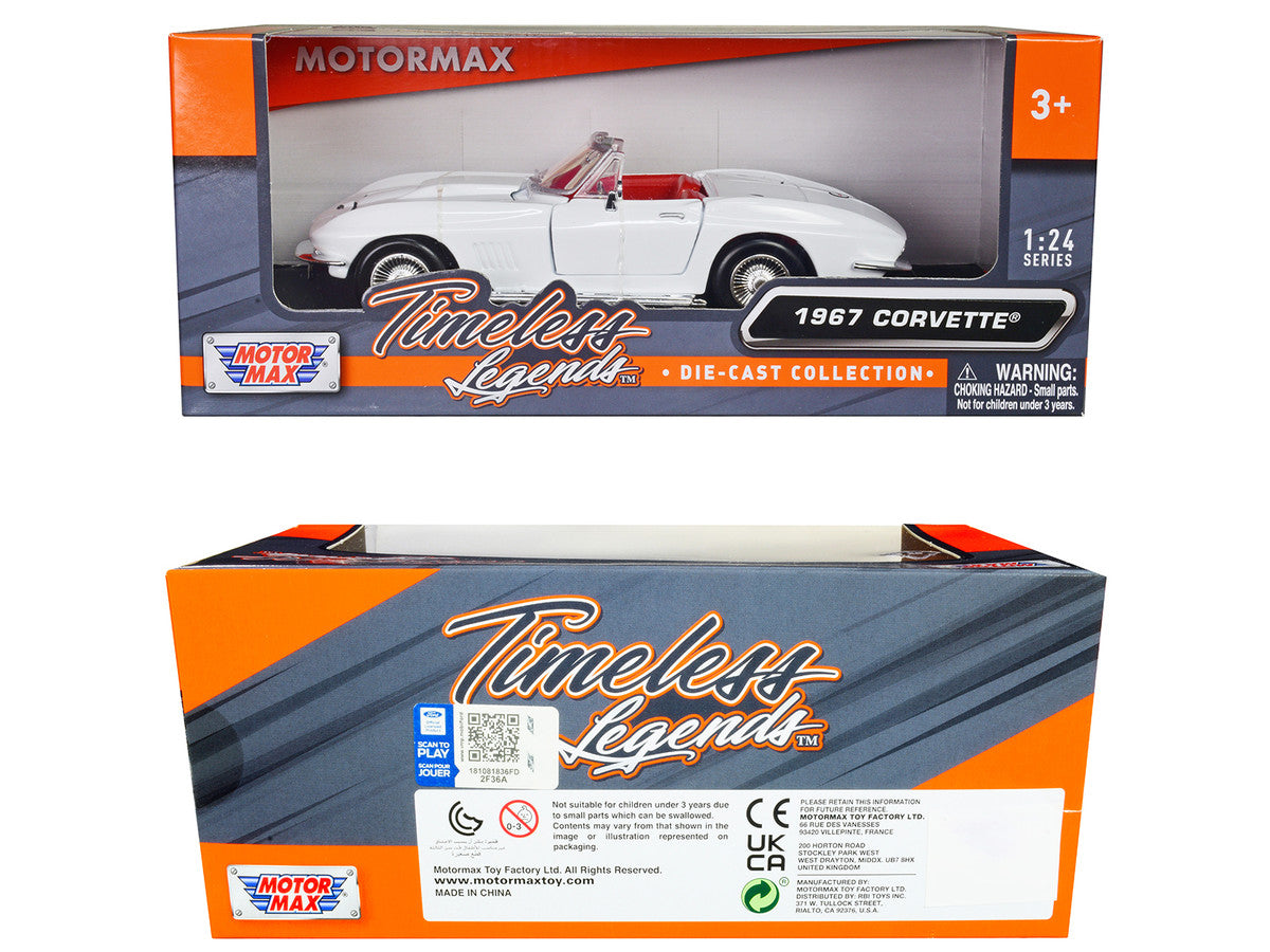 1967 Chevrolet Corvette C2 Convertible White with Red Interior "Timeless Legends" Series 1/24 Diecast Model Car by Motormax Motormax