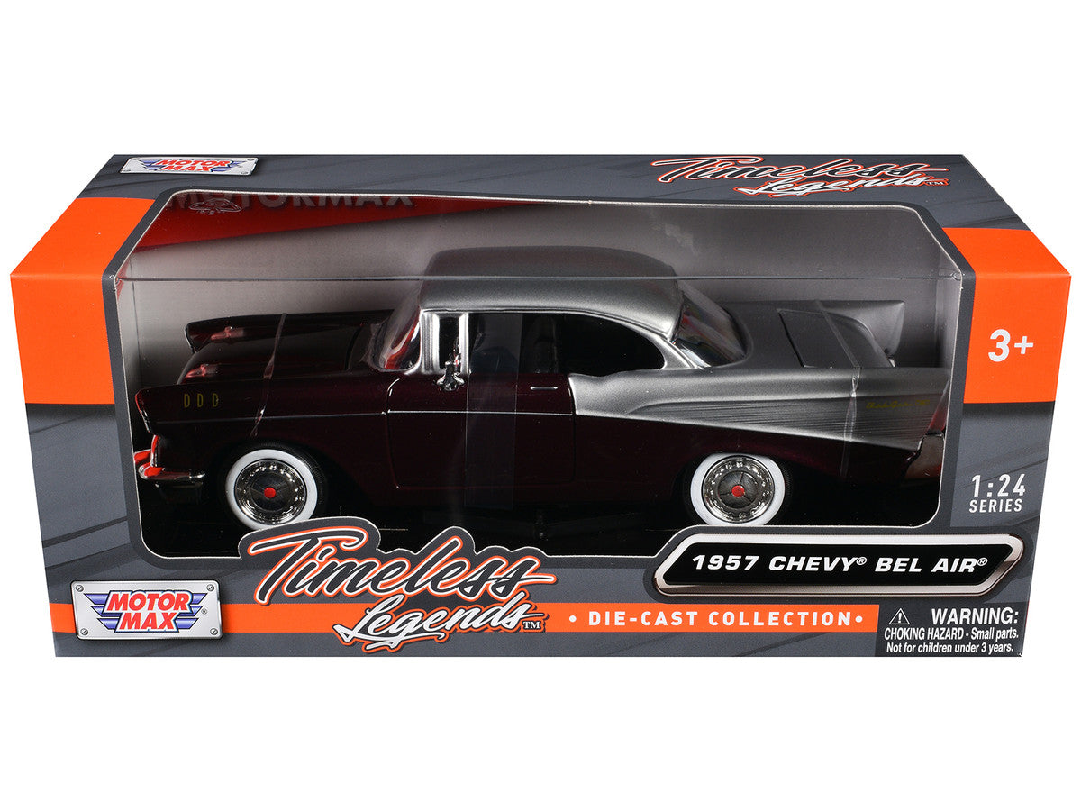 1957 Chevrolet Bel Air Burgundy Metallic and Silver Metallic "Timeless Legends" Series 1/24 Diecast Model Car by Motormax Motormax