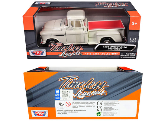 1955 Chevrolet 3100 Stepside Pickup Truck Cream with White Interior "Timeless Legends" Series 1/24 Diecast Model Car by Motormax Motormax