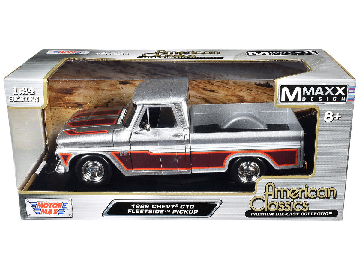 1966 Chevrolet C10 Fleetside Pickup Truck Silver Metallic with Brown Sides "American Classics" Series 1/24 Diecast Model Car by Motormax Motormax