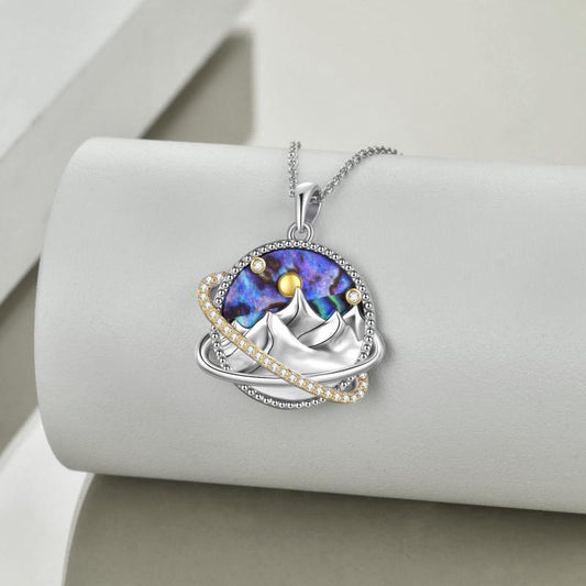 Sterling Silver Universe Planet Sun Moutain Pendant Necklace Abalone Shell Cubic Zirconia Jewelry LadyShow.Store