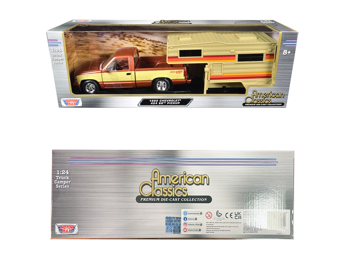 1992 Chevrolet 454 SS Pickup Truck Copper Metallic with Beige Sides with Camper Shell "American Classics" Series 1/24 Diecast Model Car by Motormax Motormax