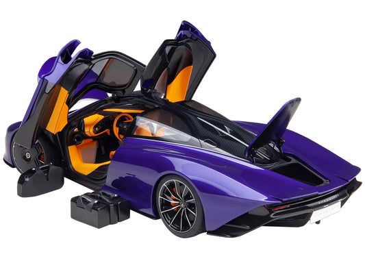 McLaren Speedtail Lantana Purple Metallic with Black Top and Yellow Interior and Suitcase Accessories 1/18 Model Car by Autoart-1