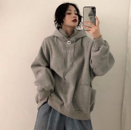 Hoodies Women Autumn Winter New Korean Style Student Loose Embroidered Simple Plus Velvet High Quality Soft Womens Clothing Chic Accent Plus