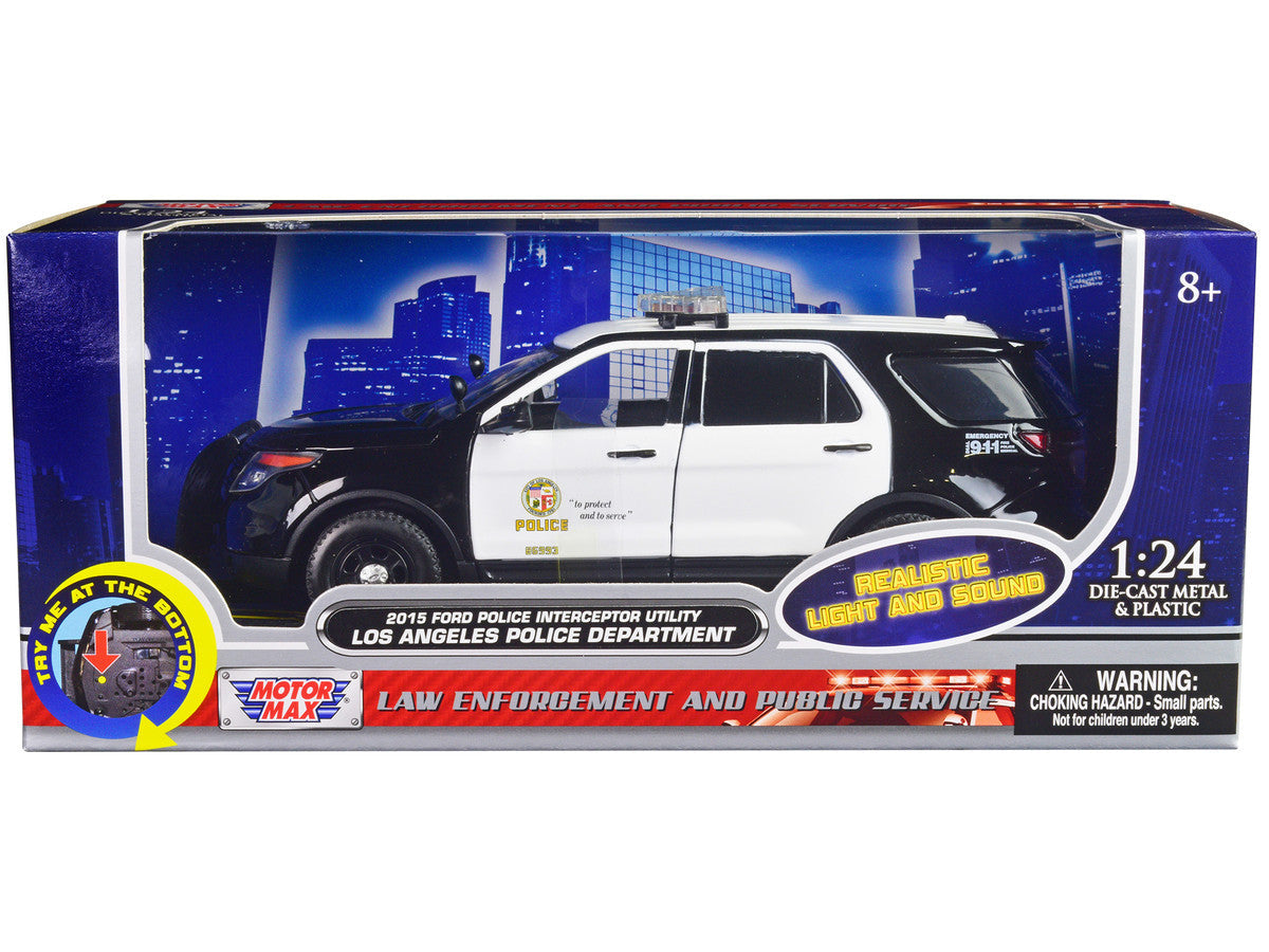 2015 Ford Police Interceptor Utility Black and White "Los Angeles Police Department (LAPD)" with Flashing Light Bar and Front and Rear Lights and Sounds 1/24 Diecast Model Car by Motormax Motormax
