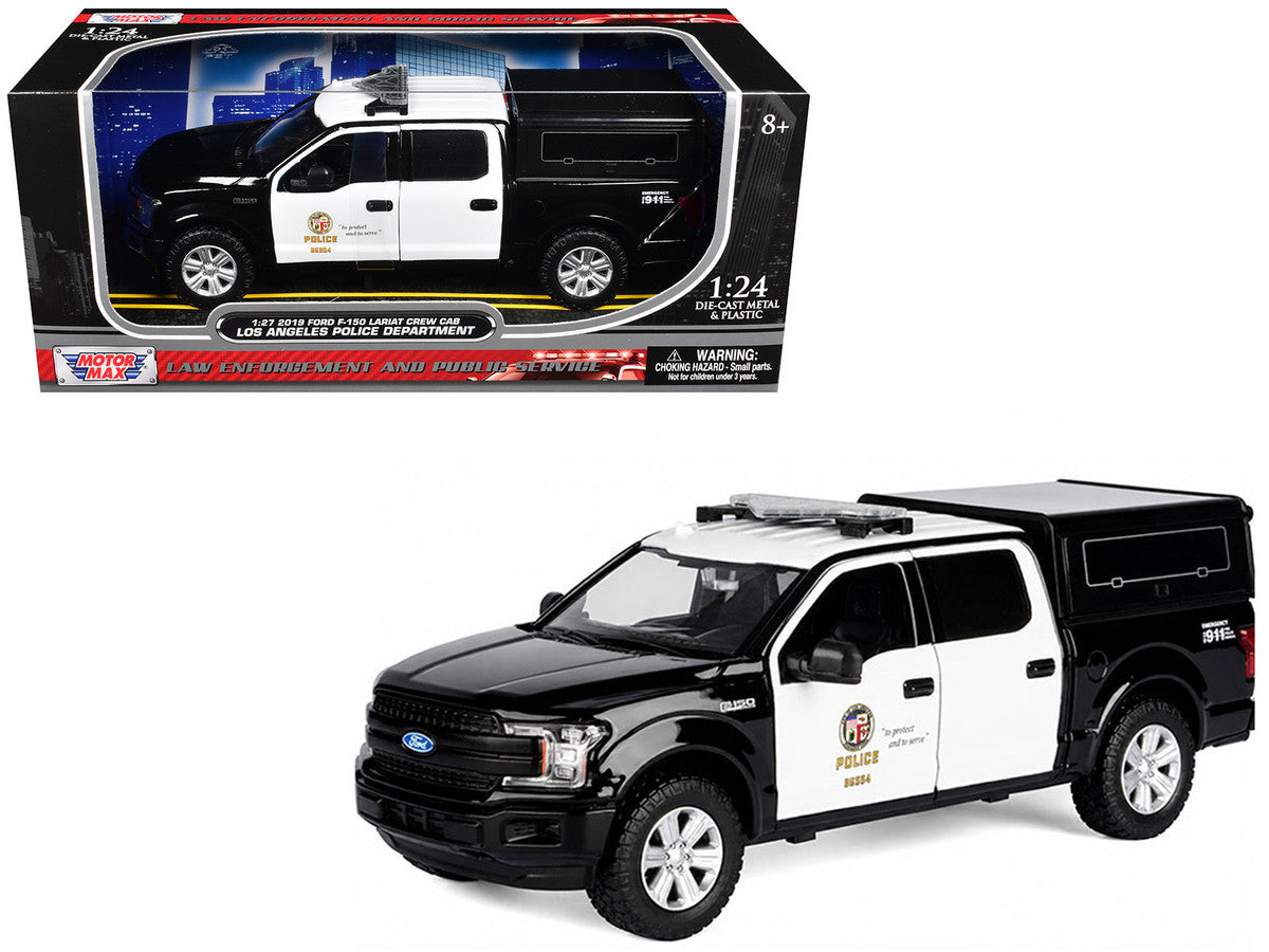 2019 Ford F-150 Lariat Crew Cab Pickup Truck with Camper "Los Angeles Police Department" Black and White "Law Enforcement and Public Service" Series 1/24-1/27 Diecast Model Car by Motormax Motormax