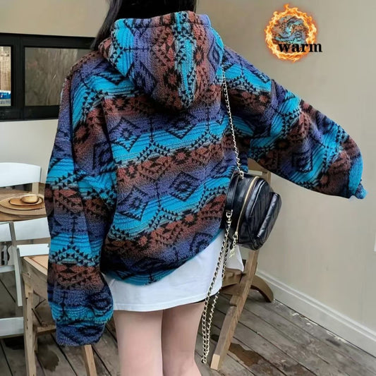 Double-sided Fleece Color-blocking Printed Pattern Jacket Cardigan LadyShow.Store