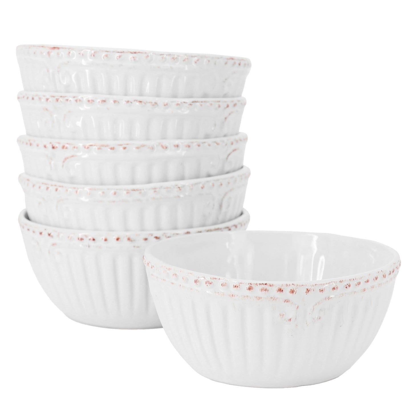Modern Southern Home Capri 6 Piece 6 Inch Stoneware Embossed Cereal Bowl Set in White W2B