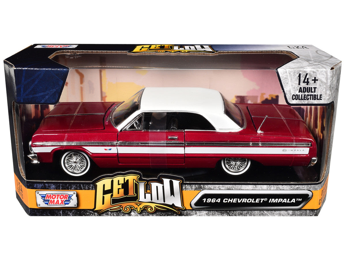 1964 Chevrolet Impala Lowrider Hard Top Candy Red Metallic with White Top "Get Low" Series 1/24 Diecast Model Car by Motormax Motormax
