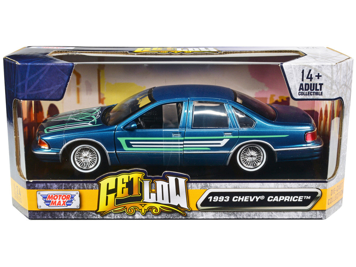 1993 Chevrolet Caprice Lowrider Blue Metallic with Graphics "Get Low" Series 1/24 Diecast Model Car by Motormax Motormax