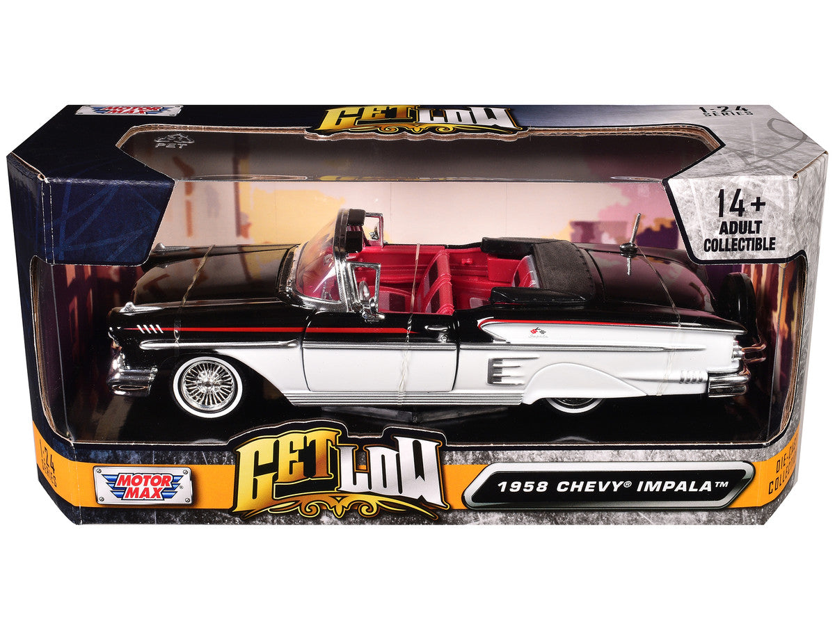 1958 Chevrolet Impala Convertible Lowrider Black and White with Red Interior "Get Low" Series 1/24 Diecast Model Car by Motormax Motormax