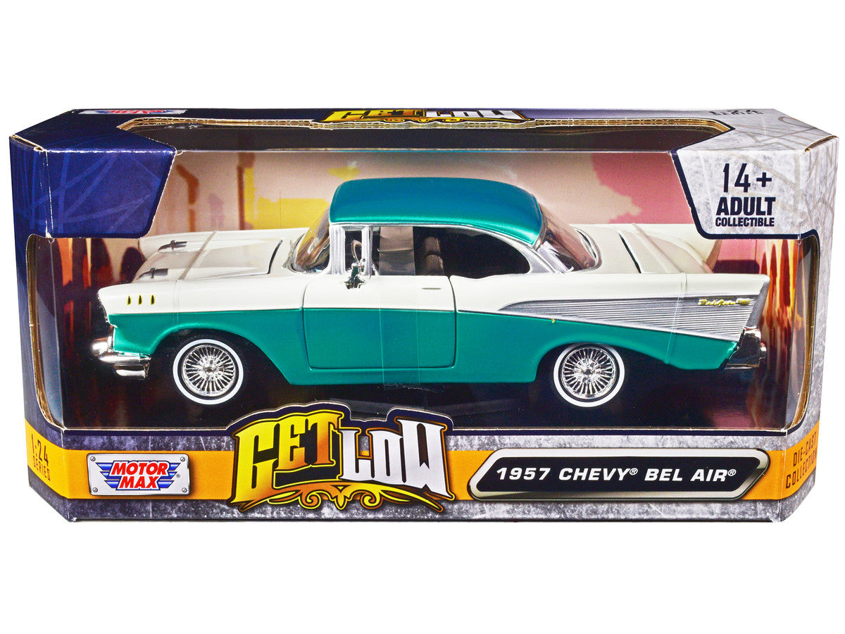 1957 Chevrolet Bel Air Lowrider Turquoise Metallic and White "Get Low" Series 1/24 Diecast Model Car by Motormax Motormax