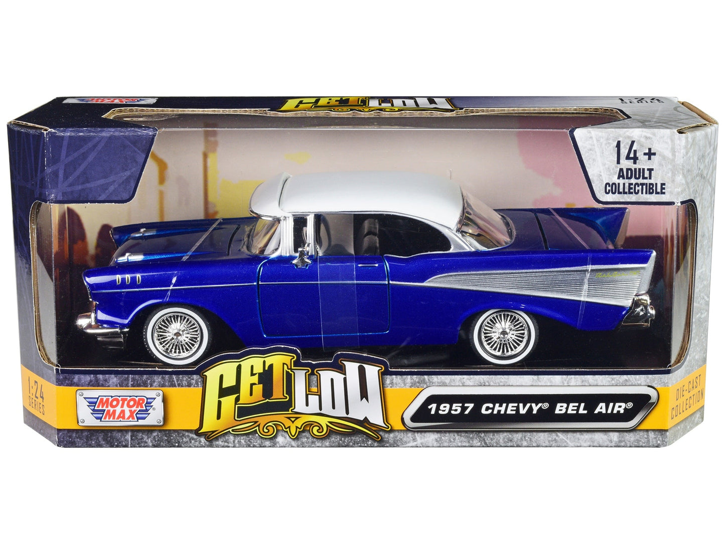 1957 Chevrolet Bel Air Lowrider Candy Blue with White Top "Get Low" Series 1/24 Diecast Model Car by Motormax W2B