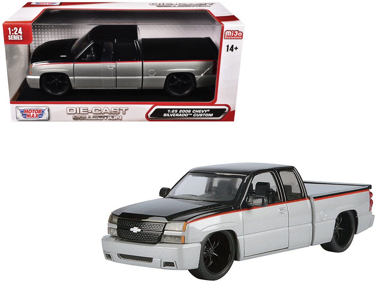 2006 Chevrolet Silverado Custom Pickup Truck Silver Metallic and Black with Red Stripes "Die-Cast Collection" Series 1/25 Diecast Model Car by Motormax Motormax