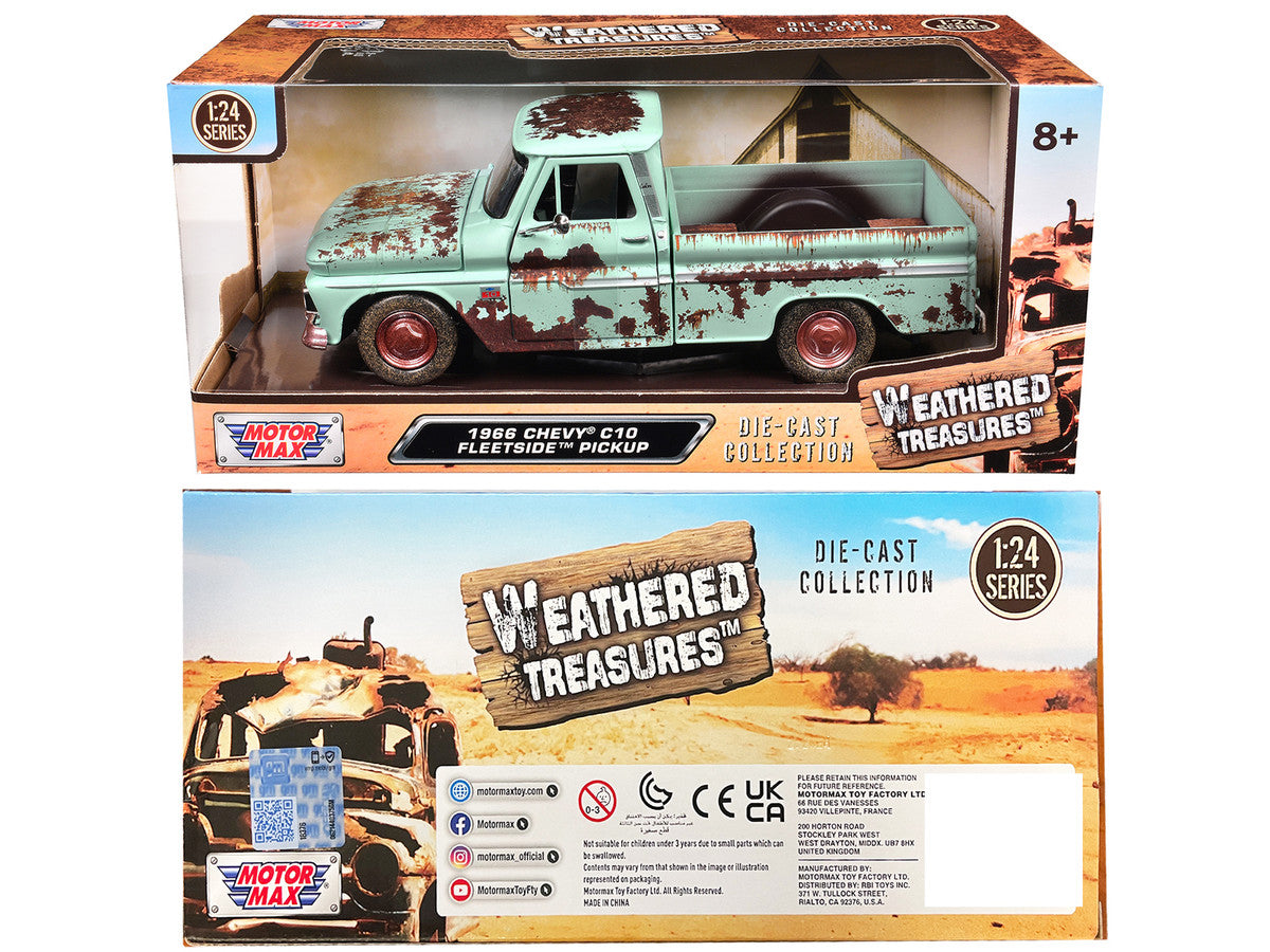 1966 Chevrolet C10 Fleetside Pickup Truck Light Green (Rusted) "Weathered Treasures" Series 1/24 Diecast Model Car by Motormax Motormax