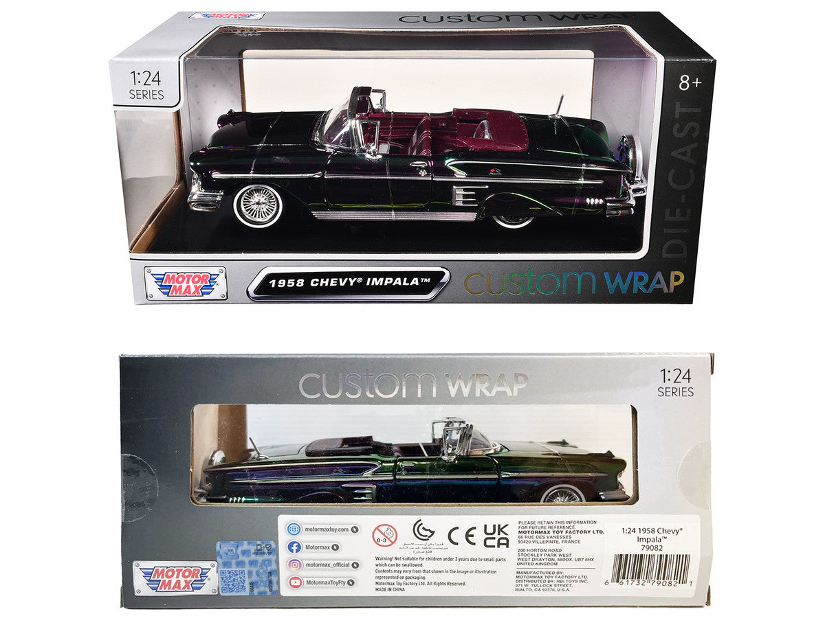 1958 Chevrolet Impala Green and Purple Chrome "Custom Wrap" Series 1/24 Diecast Model Car by Motormax Motormax