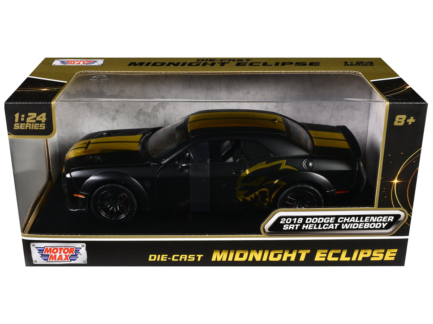 2018 Dodge Challenger SRT Hellcat Widebody Matt Black with Gold Stripes and Graphics "Midnight Eclipse" Series 1/24 Diecast Model Car by Motormax