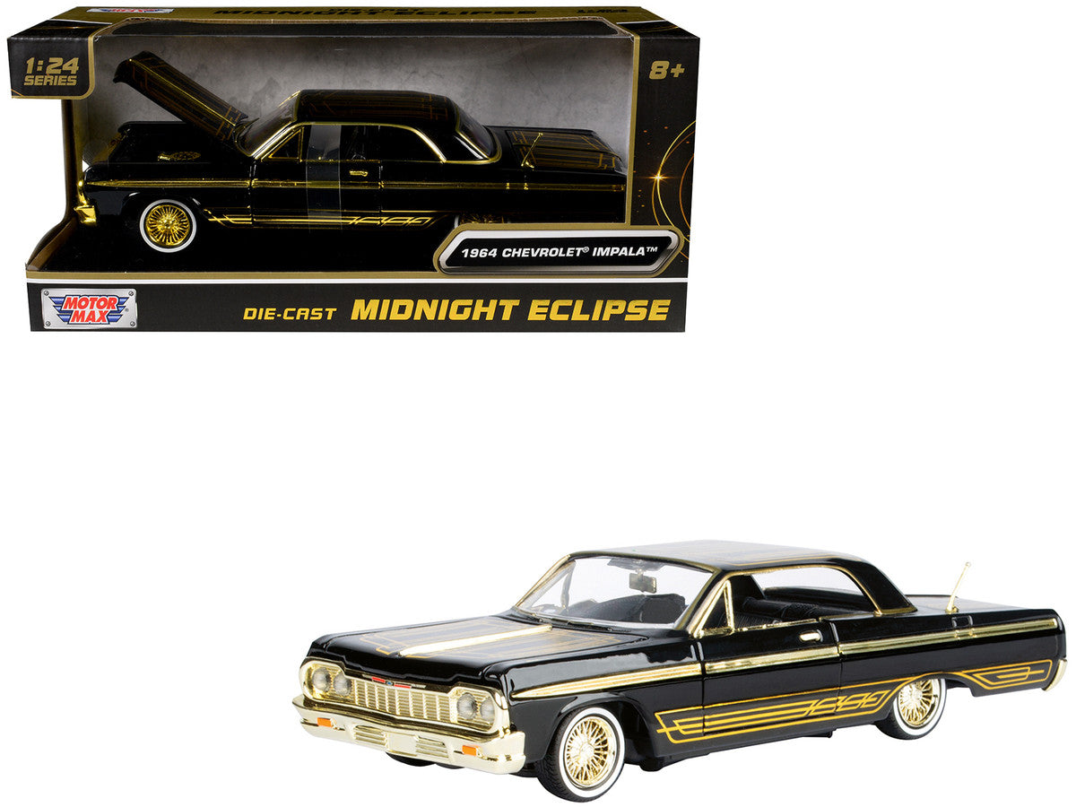 1964 Chevrolet Impala Lowrider Black with Gold Graphics and Wheels "Midnight Eclipse" Series 1/24 Diecast Model Car by Motormax Motormax