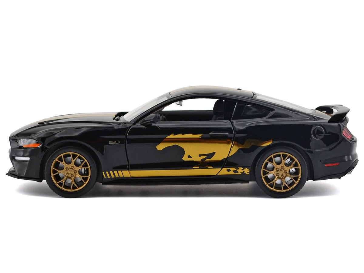 2018 Ford Mustang GT 5.0 Black with Gold Stripes and Graphics "Midnight Eclipse" Series 1/24 Diecast Model Car by Motormax Motormax