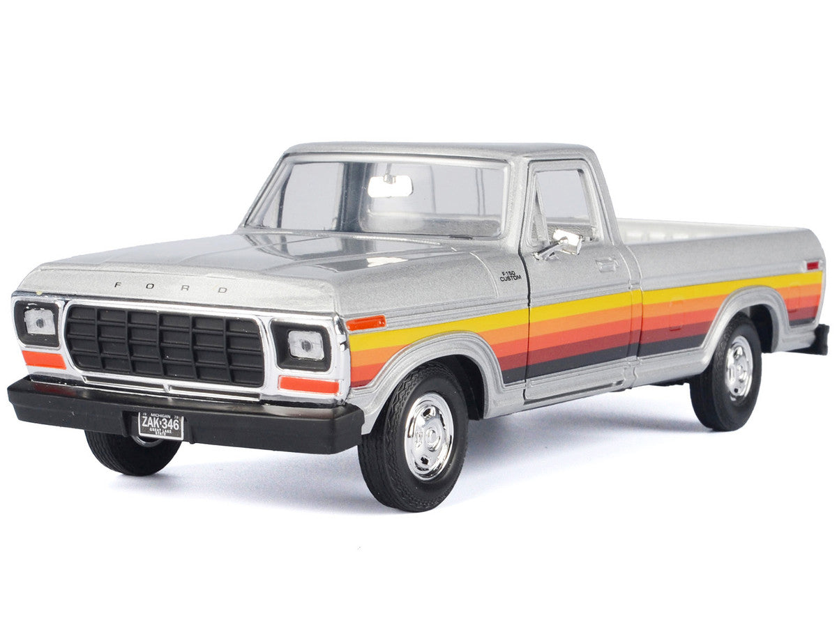 1979 Ford F-150 Custom Pickup Truck Silver Metallic with Side Stripes "American Classics" Series 1/24 Diecast Model Car by Motormax Motormax
