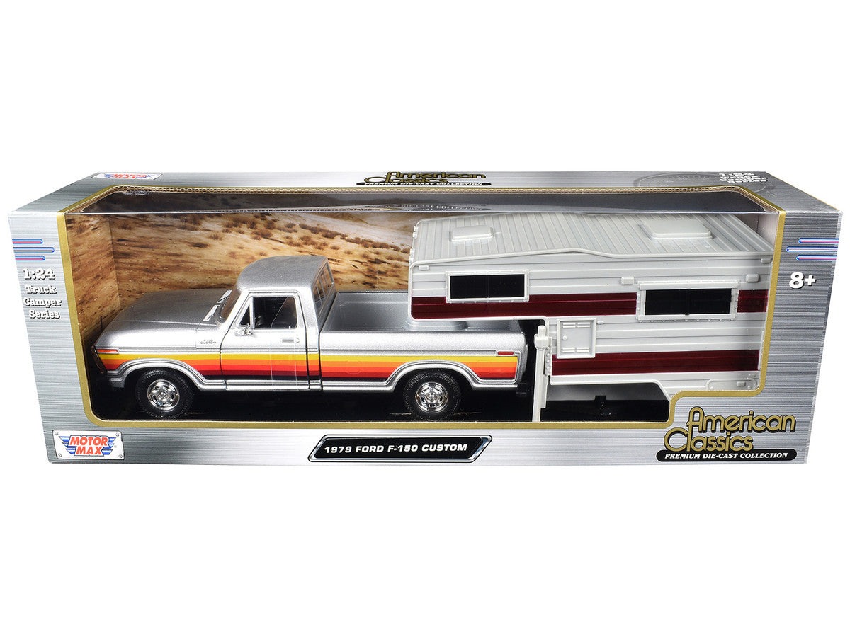 1979 Ford F-150 Custom Pickup Truck Silver Metallic with Side Stripes with Camper Shell "American Classics" Series 1/24 Diecast Model Car by Motormax Motormax
