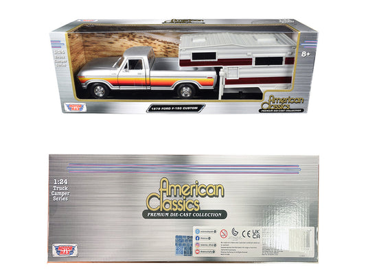 1979 Ford F-150 Custom Pickup Truck Silver Metallic with Side Stripes with Camper Shell "American Classics" Series 1/24 Diecast Model Car by Motormax-1