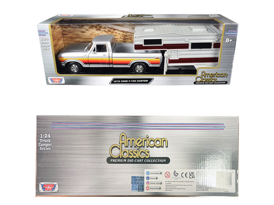 1979 Ford F-150 Custom Pickup Truck Silver Metallic with Side Stripes with Camper Shell "American Classics" Series 1/24 Diecast Model Car by Motormax Motormax