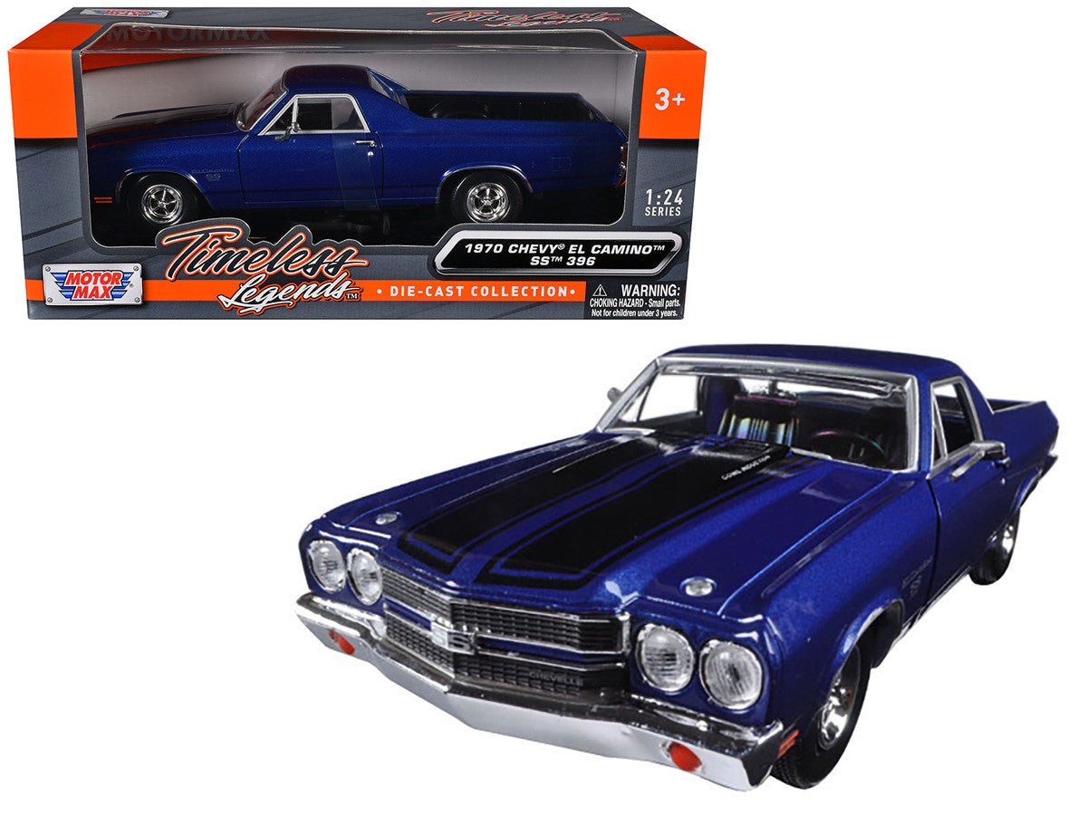 1970 Chevrolet El Camino SS 396 Dark Blue Metallic with Black Stripes 1/24 Diecast Model Car by Motormax Motormax