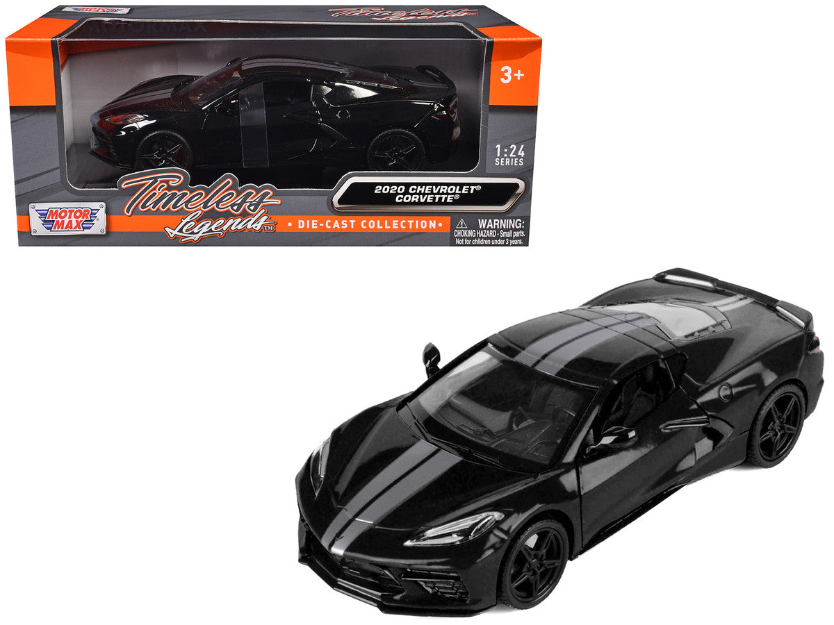 2020 Chevrolet Corvette C8 Stingray Black with Silver Stripes "Timeless Legends" Series 1/24 Diecast Model Car by Motormax Motormax