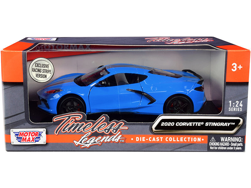 2020 Chevrolet Corvette C8 Stingray Blue with Silver Racing Stripes "Timeless Legends" 1/24 Diecast Model Car by Motormax Motormax