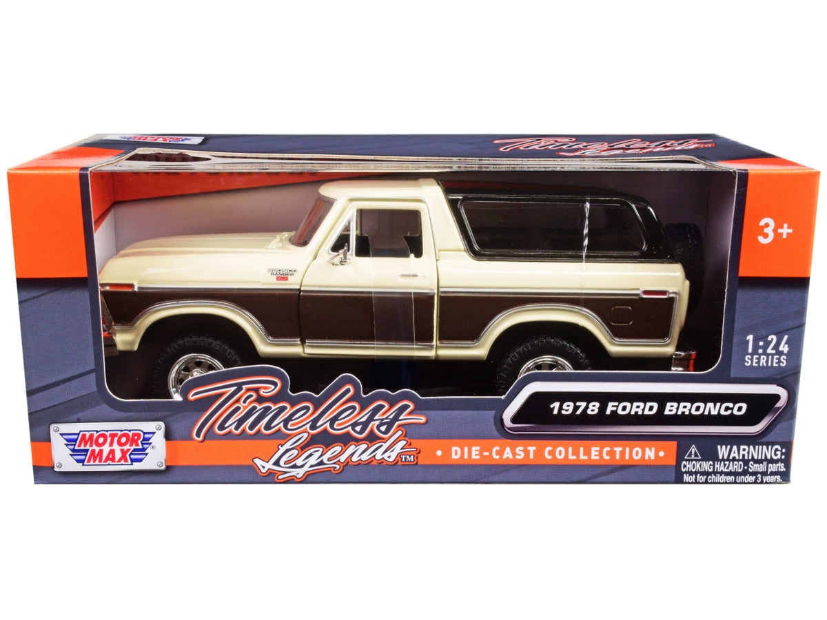 1978 Ford Bronco Ranger XLT with Spare Tire Cream and Brown with Black Camper Shell "Timeless Legends" Series 1/24 Diecast Model Car by Motormax Motormax