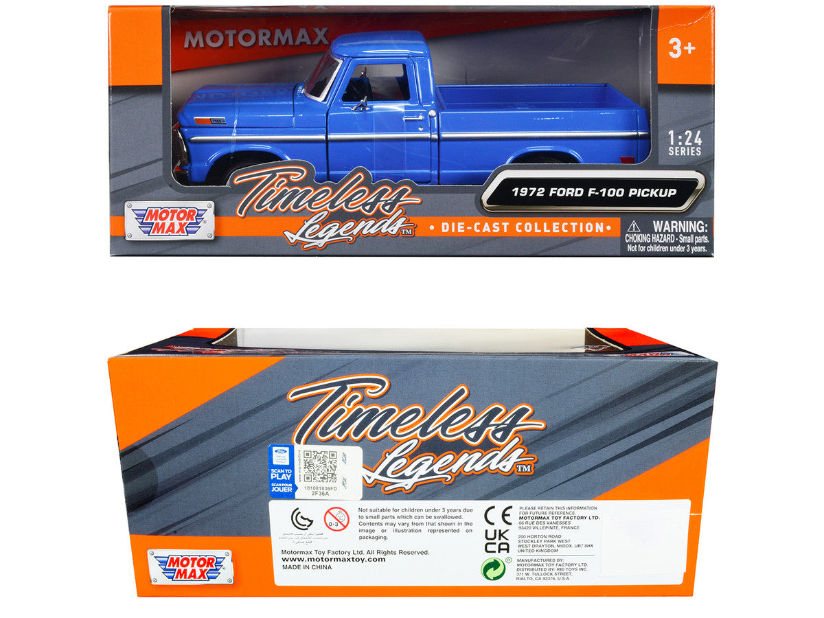 1972 Ford F-100 Pickup Truck Blue "Timeless Legends" Series 1/24 Diecast Model Car by Motormax Motormax