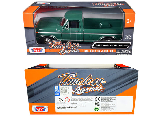 1977 Ford F-150 Custom Pickup Truck Green "Timeless Legends" Series 1/24 Diecast Model Car by Motormax-1