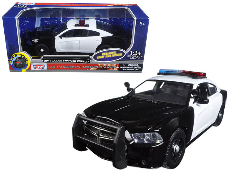 2011 Dodge Charger Pursuit Police Car Black and White with Flashing Light Bar and Front and Rear Lights and 2 Sounds 1/24 Diecast Model Car by Motormax W2B