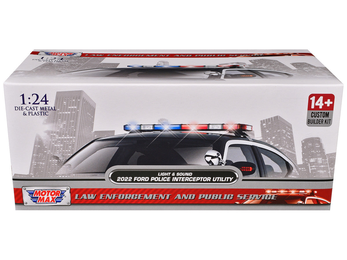 2022 Ford Police Interceptor Utility Black and White "Builder's Kit" with Flashing Light Bar and Front and Rear Lights and Sounds 1/24 Diecast Model Car by Motormax Motormax