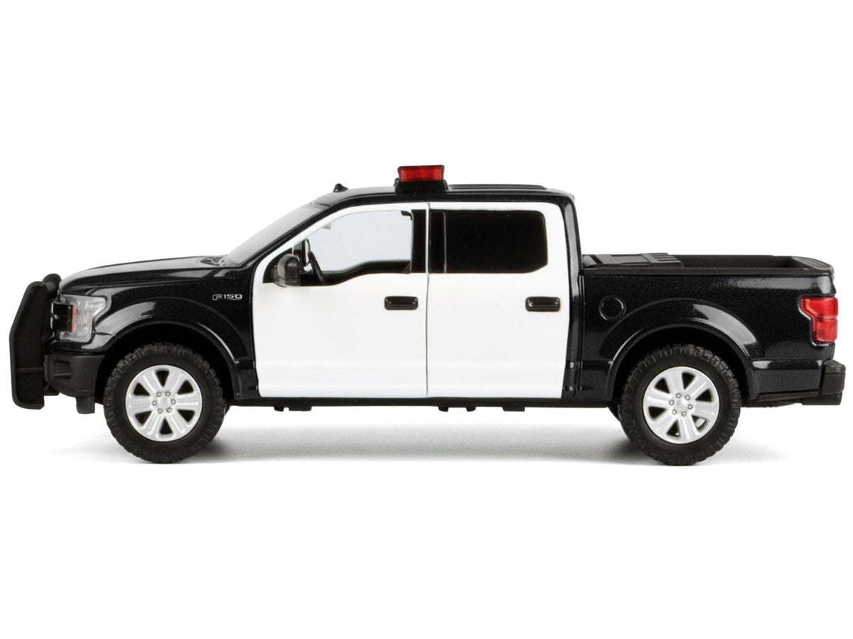 2019 Ford F-150 Lariat Crew Cab Pickup Truck Black and White with Flashing Light Bar and Front and Rear Lights and Sounds 1/27 Diecast Model Car by Motormax Motormax