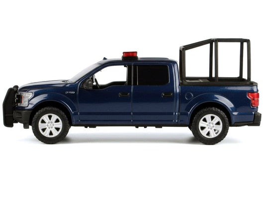 2019 Ford F-150 Lariat Crew Cab Pickup Truck with Bed Cage Dark Blue with Flashing Light Bar and Front and Rear Lights and Sounds 1/27 Diecast Model Car by Motormax Motormax