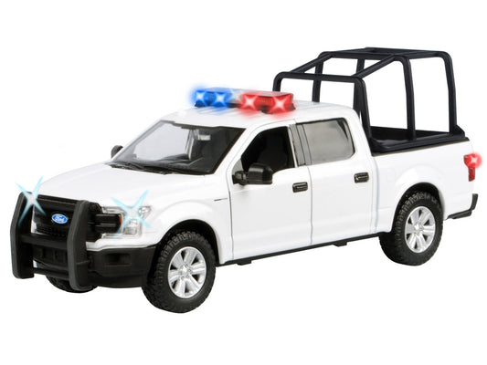 2019 Ford F-150 Lariat Crew Cab Pickup Truck with Bed Cage White with Flashing Light Bar and Front and Rear Lights and Sounds 1/27 Diecast Model Car by Motormax-1