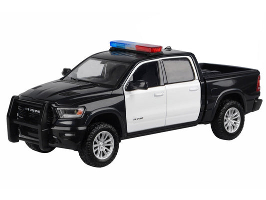 2019 RAM 1500 Laramie Crew Cab Pickup Truck Black and White with Flashing Light Bar and Front and Rear Lights and Sounds 1/27 Diecast Model Car by Motormax Motormax